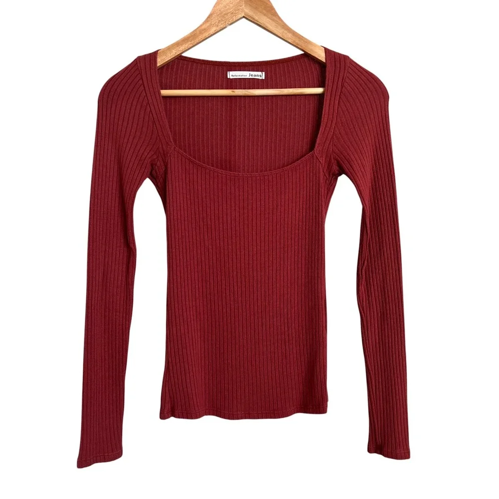 Reformation Bethany Ribbed Square Neck Long Sleeve Top Rust Orange SZ XS